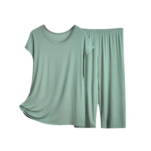 Nachthemd Damen Baumwolle Damen Capri Pyjama Sets Kurzarm Top Mit Capri Hose Weich 2 Pyjamas Schlafanzüge Damen Nachthemd Damen Baumwolle (Green, XXL) von Generic