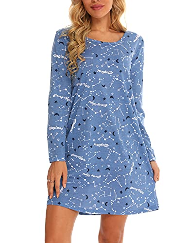 Nachthemd Damen-Langarm Schlafhemd -Weiche Nachtwäsche für Lounge(XX-Large,Blauer Stern) von Generic
