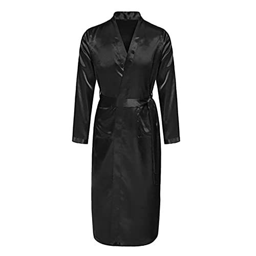 Nachthemd Herren Langarm Übergröße | Morgenmantel Herren Satin Lang Sommer Schlafanzug V Ausschnitt Pyjama Unifarbe Bademantel Seide Kimono Lang Robe Satin Nachtwäsche Männer Hausmantel von Generic