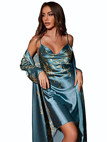 Nachthemd und Robe Set für Frauen Floral Nachthemd Weiche Kimono Robe Frauen Satin Bademantel Pyjama Set Cami Nachtwäsche von Generic