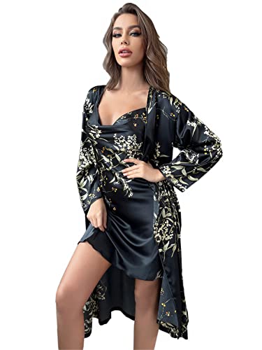 Nachthemd und Robe Set für Frauen Floral Nachthemd Weiche Kimono Robe Frauen Satin Bademantel Pyjama Set Cami Nachtwäsche von Generic