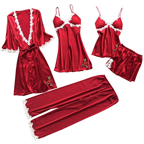 Nachtwäsche Damen Set 5-Teilig Pyjama-Sets Sommer Sexy Spitzen-Unterwäsche Frauen Ärmellose Cami Top + Shorts + Leicht Kurz Dünn Bademantel + Schlafanzughose Schlafanzüge Dessous Negligee Loungewear Nachtwäsche Damen Set 5-Teilig Pyjama-Sets Sommer Sexy Spitzen-Unterwäsche Frauen Ärmellose Cami Top + Shorts + Leicht Kurz Dünn Bademantel + Schlafanzughose Schlafanzüge Dessous Negligee Loungewear von Generic