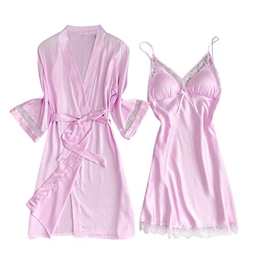 Nachtwäsche Damen Sexy Set Kurz Push Up Schlafanzug Große Größen Nachtkleid + Morgenmantel Leicht Satin-Bademantel Kurz Dünn Nachthemden Sommer Pyjama-Sets Negligee Sleepwear Hausanzug von Generic