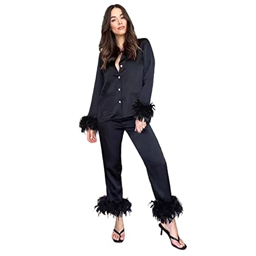 Nachtwäsche Satin Schwarz Lang - Damen 2 Teiler Schlafanzug Set Pyjama Mit Federn Hausanzug Langarm Knopfleiste Lounge Baggy Freizeitanzug Weich Schlafanzüge Frühling Sommer Schlafshirt Leicht Top von Generic
