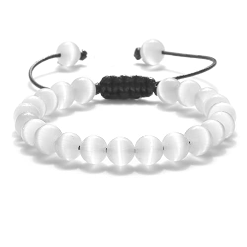 Natürliche Opalperlen-Armbänder, glattes Katzenaugen-Quarz-Chakra-Perlen-Armband und Armreif for Frauen Männer, verstellbarer Handgelenkschmuck, Pulsera(8mm White Adjustable) von Generic