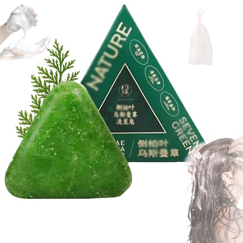 Nature Seven Green Soap Shampoo, Nature Triangle Shampoo Bar, 𝐔smans Grass 𝐒hampoo Bar, Calming & Strengthens Hair with Foaming net for Women and Men (1pcs) von Generic