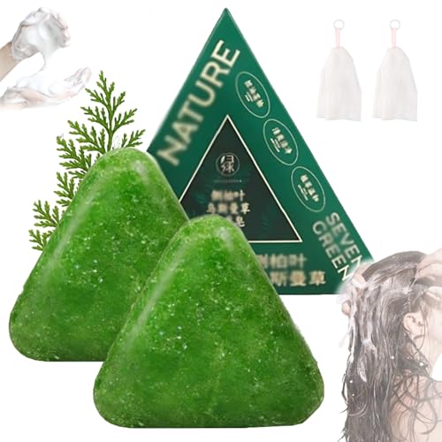 Nature Triangle Shampoo Bar, Nature Seven Green Soap Shampoo, 𝐔smans Grass 𝐒hampoo Bar, Calming & Strengthens Hair with Foaming net for Women and Men (2pcs) von Generic