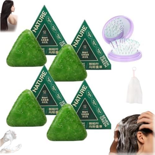 Nature Triangle Shampoo Bar, Seven Green Shampoo Soap,Nature Seven Green Shampoos,Usman Grass Shampoos Bar,Pflanzliches FestesShampoo,Sanfte Reinigung und Nährende Pflege für Frauen Männer Haar (4Pcs) von Generic