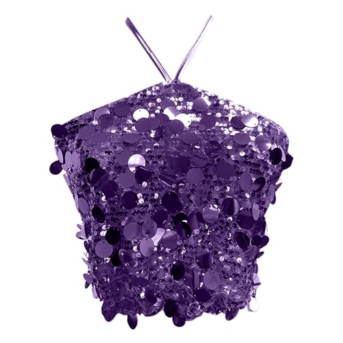 Neckholder Pailletten Damen Tank Tops,Träger Glitzer Tops Schwarz-Spaghettiträger Oberteil Fraue Lila Silvester Party Sparkle Trägershirt Valentinstag Bluse Metallic Shirt Tunika Karneval Kostüm von Generic