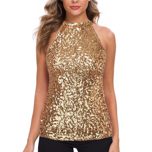 Neckholder-Top mit Pailletten Damen Pailletten Tanktop Ärmellos Glitzertop Party Oberteil Perlen Weste Sparkly Tops Glitzernde Oberteile Halfter Tanktop Glitzernde Party Weste (1-Gold, One Size) von Generic