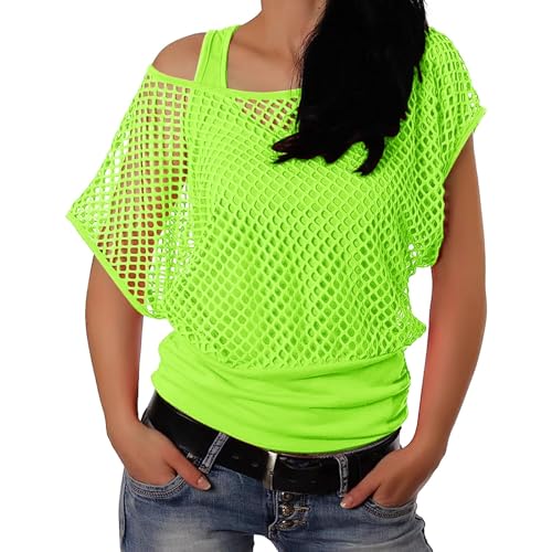 Neon Netzoberteil Damen 80er 90er Jahre Outfit Frauen Netz Partytop Sommer Fishnet Tops Durchsichtiges Mesh Oberteil Karneval Fasching Festival Pink Netzshirt Netztop von Generic