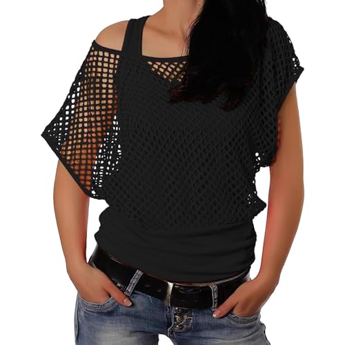 Neon Netzoberteil Damen 80er 90er Jahre Outfit Frauen Netz Partytop Sommer Fishnet Tops Durchsichtiges Mesh Oberteil Karneval Fasching Festival Pink Netzshirt Netztop von Generic