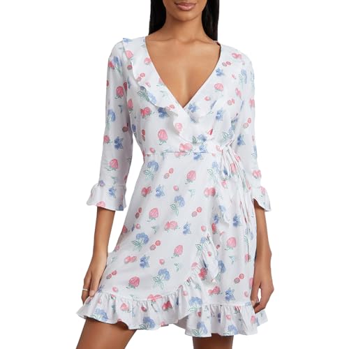 Nette Frucht Pinted Causal Kleid für Frauen Erdbeere Print Halbe Hülse V-Ausschnitt Krawatte Taille Rüschen Minikleid 2024 Sommerkleid, weiß, L von Generic
