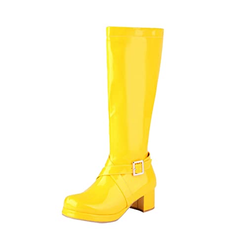 Netz Schuhe Damen Damen Mid Calf Boots Herbst und Winter Modische Einfarbige Schnalle Seitlicher Reißverschluss Bequeme Dicke Ferse Quadratische Ferse Stiefeletten Damen Mit Absatz (Yellow-A, 40) von Generic