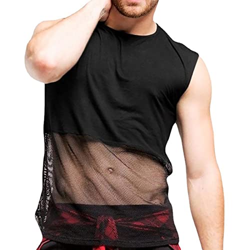 Netzhemd Herren Muskelshirt Ärmellos Netz, Mann Tanktop Transparent, Männer Netzhemd Atmungsaktiv, Herrens Netz Shirt Trägershirt Sport Top Gym Clubwear Fischnetz Sexy Schwarz von Generic