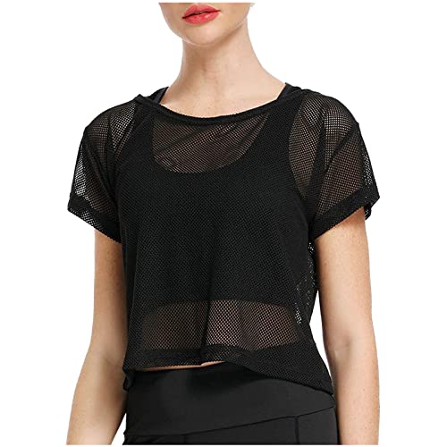 Netzoberteil Damen Crop Tops - Sexy T Shirt Damen Kurzarm Mesh Sheer Oberteile Transparent Fischnetz Bauchfreies Oberteil Rundhals Sommer Party Tunika Tops Blusen & Tuniken für Frauen von Generic