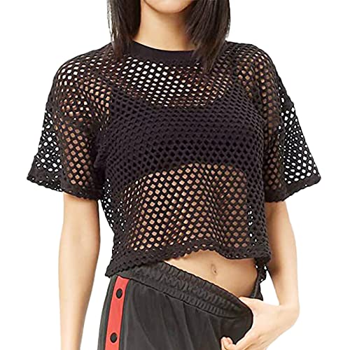 Netzoberteil Damen Kurz Band, Netzshirt Mesh|Sexy Shirt Outfit Rave Crop Tops Netzshirt Tüll Durchsichtig Sommer T-Shirt Kurzarm Netz Oberteil Sommershirt Ohne BH Mottoparty Karneval Schwarz von Generic