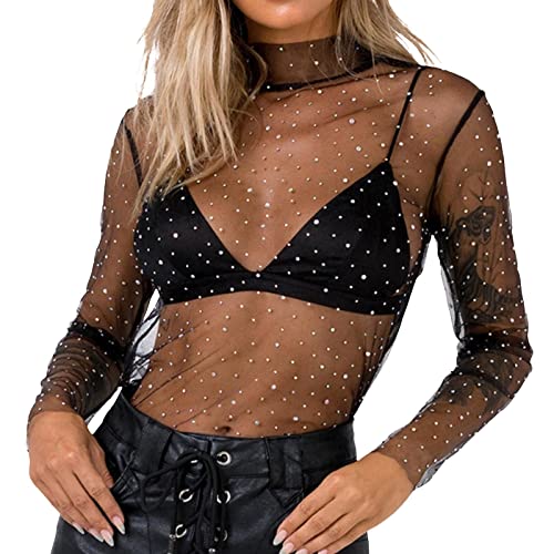 Netzoberteil Damen Mesh Top Glitzer Oberteil Netz Transparentes Shirt Frauen Durchsichtige Netzshirt Sheer Glitter Bluse Sexy Tüll Langarmshirt Crop Top Tshirt Slim Tunika Clubwear (01 Schwarz, XL) von Generic