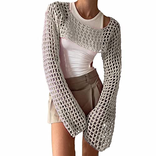 Netzoberteil Damen Y2K Crochet T-Shirt Frauen Langarm Crop Top Einfarbig Top One-Shoulder Crochet Aushöhlen Pullover 90er Streetwear Strickpullover Lose Oberteile von Generic