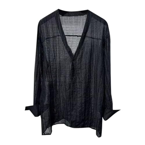 Netzshirt Herren T-Shirt Langarm Club Party Netzhemd Einfarbig Transparent Vintage Longsleeve Unterhemd Erotik Netz Hemd Unterwäsche Dessous von Generic