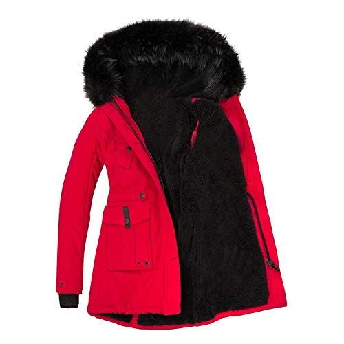 Neue 2023 Winterjacke Kapuzen-Outwear Dicker Trench-Warm Übermantel Gefüttert Damen Pelzmantel Damen Lange Fleece Gefüttert Reißverschluss Front Jacke, rot, 52 von Generic