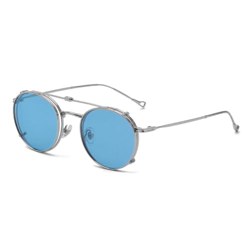 Neue 2025 Runde Polarisierte Sonnenbrille Männer Clip Auf Falten Uv400 Gläser Für Frauen Metallrahmen Männlichen Fahren, Silber mit Blau, One size Neue 2025 Runde Polarisierte Sonnenbrille Männer Clip Auf Falten Uv400 Gläser Für Frauen Metallrahmen Männlichen Fahren, Silber mit Blau, One size von Generic