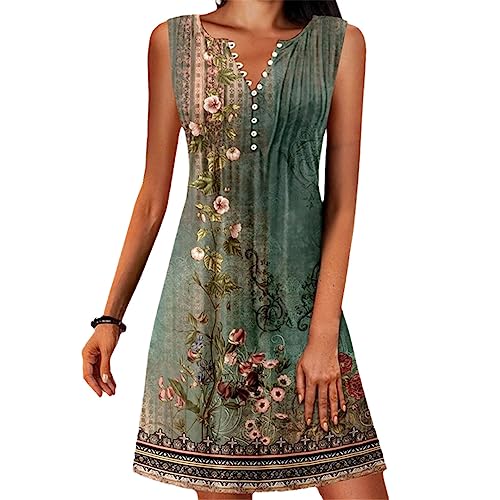 Neue Digitaldruck Pulloversummer Sexy V-Ausschnitt Tank Top A-Linie Kleid Mode Knopf Ärmellos Plus Größe Slim Fit Kleid, EN8, 4XL von Generic
