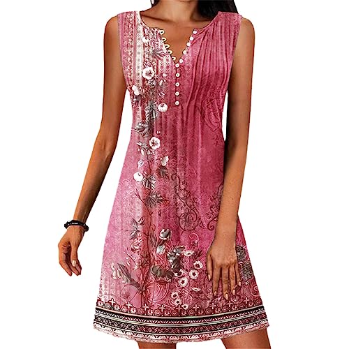 Neue Digitaldruck Pulloversummer Sexy V-Ausschnitt Tank Top A-Linie Kleid Mode Knopf Ärmellos Plus Größe Slim Fit Kleid, Rosa, 3XL von Generic