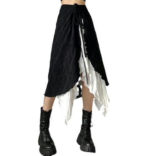 Neuer unregelmäßiger Kontrastfarbenrock, doppellagiger Riemen, er Midirock mit hoher Taille, Schwarz, L von Generic