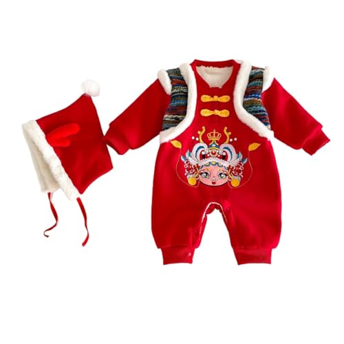 Neugeborenen Baby Dragon Chunjie Chinesisches Neujahr Rot Langarm Gefüttert Strampler Winter Warm Overall Mit Hut Outfits Einfarbiger Puffer-Jumpsuit (Red, 3-6 Months) von Generic