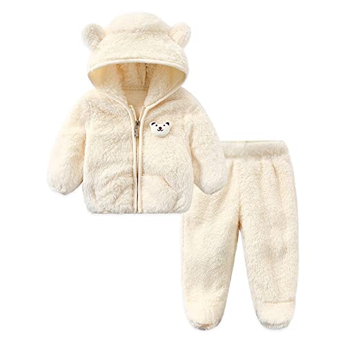 Neugeborenes Baby Jungen Fleecejacke Winterkleidung Kapuzenmantel Tops mit Bärenohren Hosen Pullover 2 STÜCKE Outfits Set Jacke für Baby-Mädchen (Beige, 9-12 Months) von Generic