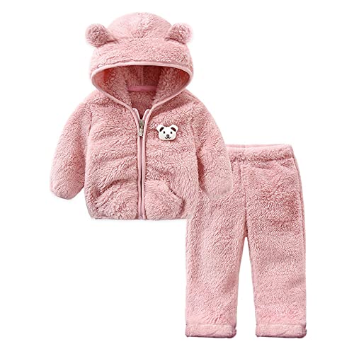 Neugeborenes Baby Jungen Fleecejacke Winterkleidung Kapuzenmantel Tops mit Bärenohren Hosen Pullover 2 STÜCKE Outfits Set Jacke für Baby-Mädchen (Pink, 12-18 Months) von Generic