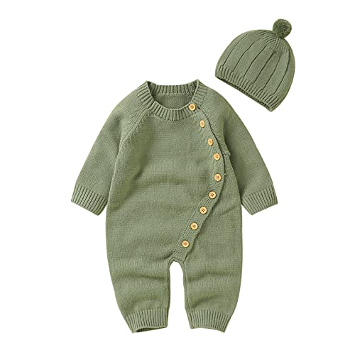 Neugeborenes Baby Jungen Mädchen Feste gestrickte Pullover Baby Overall Strampler Baumwolle Mützen Outfits Sets Kleidung Strick (Z lxyde5-Green, 0-3 Months) von Generic
