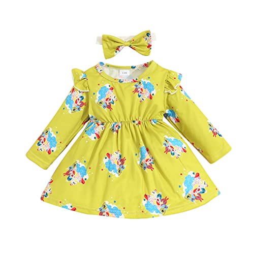 Neugeborenes Baby Mädchen Baumwolle Herbst Cartoon Print Floral Langarm Prinzessin Kleid Stirnbänder Kleidung Haarband für Kleinkinder (Green, 3-6 Months) von Generic