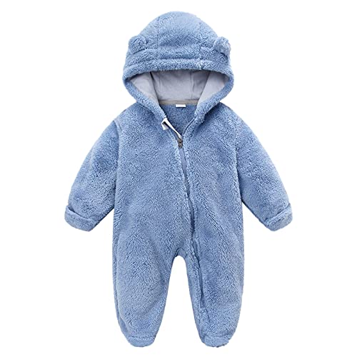 Neugeborenes Baby Mädchen Junge niedliche Feste Lange Ärmel Cartoon Ohr füßig mit Kapuze Reißverschluss Strampler warme Overall Outfits Ganzkörperanzug Kinder Flauschig (Light Blue, 0-3 Months) von Generic