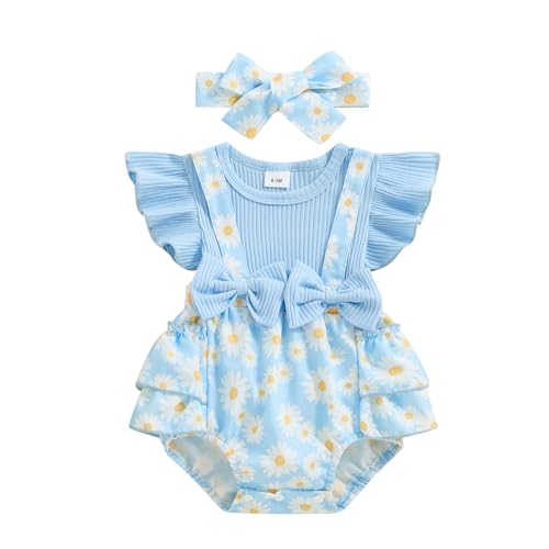 Neugeborenes Baby Mädchen Kleidung Cute Daisy Blumenkleid mit Bogen Sommer Zweiteilige Outfits 0 3 6 12 18 Monate Baby Mädchen Strampler Kleid (A1-Blue, 0-3 Months) von Generic