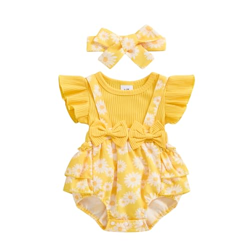 Neugeborenes Baby Mädchen Kleidung Cute Daisy Blumenkleid mit Bogen Sommer Zweiteilige Outfits 0 3 6 12 18 Monate Baby Mädchen Strampler Kleid (A1-Yellow, 12-18 Months) von Generic