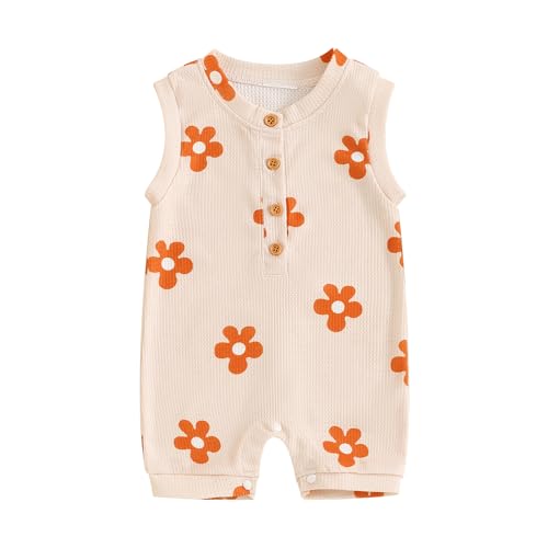 Neugeborenes Baby Mädchen Strampelanzug Blume bedruckt ärmelloser Rundhalsausschnitt Strampler 3 6 9 12 18 Monate Baby Sommerkleider (Beige, 6-12 Months) von Generic