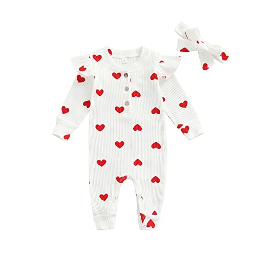 Neugeborenes Baby Mädchen Valentinstag Outfits niedlich gestrickt Herz drucken Rüsche lange Ärmel Jumpsuit Strampler mit Kopf Perle (Herz Weiß, 6-12 Months) von Generic