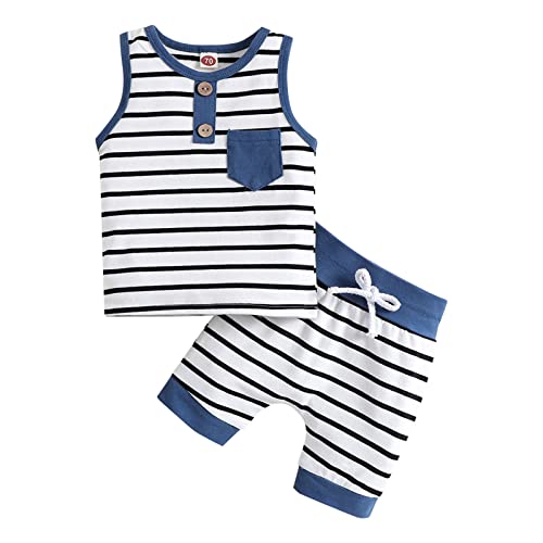 Neugeborenes Baby Unisex Baumwolle Frühling Sommer gestreifte ärmellose Shorts Weste Set Outfits Kleidung 12 monate junge hose (Blue, 0-6 Months) von Generic