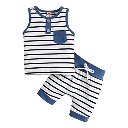 Neugeborenes Baby Unisex Baumwolle Frühling Sommer gestreifte ärmellose Shorts Weste Set Outfits Kleidung 12 monate junge hose (Blue, 12-18 Months) von Generic