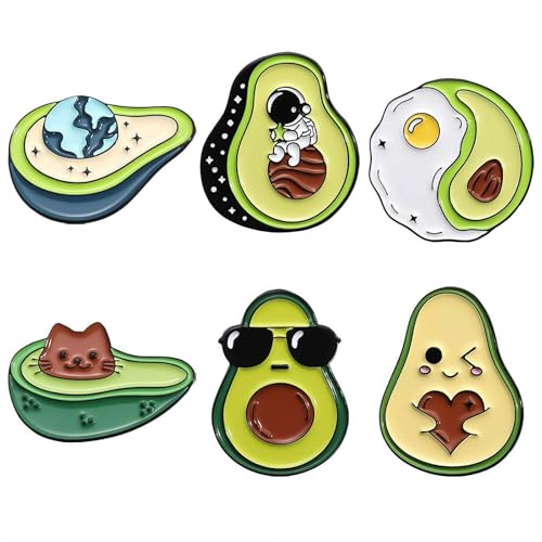 Niedliche Emaille Pins Set - 5 oder 6 Stück Cartoon Obst Avocado Katze Donut Revers Broschen für Rucksäcke Jacken Hüte - Premium Legierung Abzeichen mit Geschenkbox, 6pcs, Avocado von Generic