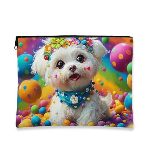 Niedliche Hunde-Make-up-Tasche, bunt, lustig, Kosmetiktasche für Frauen, tragbare kleine Canvas-Reißverschluss-Organizer, Festival-Geschenk, Kulturbeutel, Weiss/opulenter Garten, 7x9 Inch, Hund von Generic