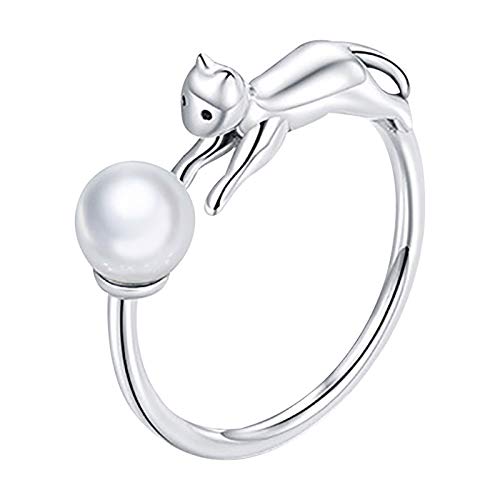 Niedliche Katze Offener Statement-Stapelring für Frauen Mädchen S925 Sterlingsilber Mode Perle Haustier Tier Verstellbares Versprechen Verlobungsringe Eheringe Fingerband Schmuck Geschenke von Generic