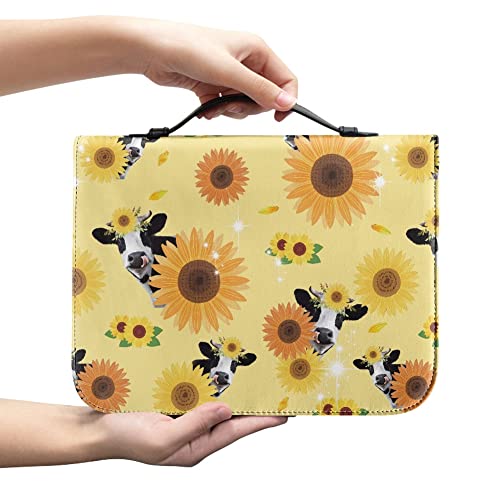 Niedliche Kuh-Sonnenblumen-Bibelhülle für Frauen, Leder, Bibelabdeckung, Tragetasche mit Reißverschlusstaschen, Griff, Tragetasche, Schrift, Handy-Organizer, Stifthalter, Kirche, Träger, 2XL von Generic