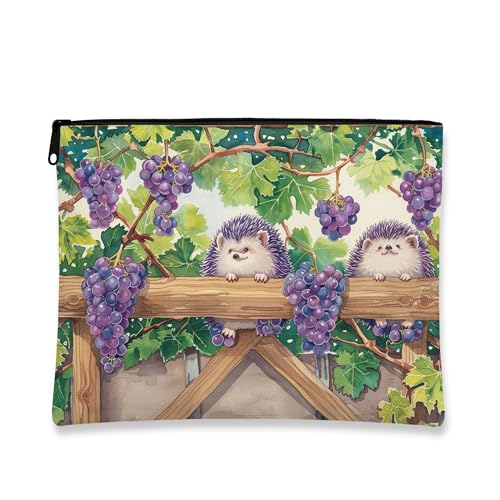 Niedliche Make-up-Tasche, Igel mit Trauben, ausgefallene Kosmetiktasche für Frauen, tragbare kleine Canvas-Reißverschluss-Organizer, Geschenk für Festivals, Grün , 7x9 Inch von Generic