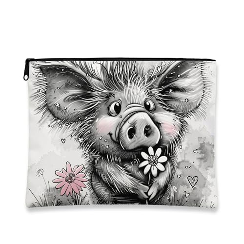 Niedliche Make-up-Tasche, Schweinefleisch-Tasche, Reise-Kosmetiktasche, Cartoon-Kosmetiktasche für Damen, tragbarer Reise-Organizer aus Segeltuch mit Reißverschluss, Festival-Geschenk, Schwarz, 7x9 von Generic
