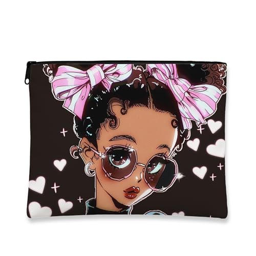 Niedliche Make-up-Tasche, schickes Cartoon-Mädchen-Kosmetik-Reisetasche für Frauen, tragbare kleine Canvas-Reißverschluss-Organizer, Festival-Geschenk, Kulturbeutel, Schwarz, 7x9 Inch, Beutel von Generic