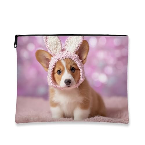 Niedliche Make-up-Tasche mit Hasenohren, bezaubernde Corgi-Tier-Kosmetiktasche für Frauen, tragbare kleine Canvas-Reißverschluss-Organizer, perfekte Wahl für Frühlingsfest, Ostern, Pfirsich, 7x9 Inch von Generic