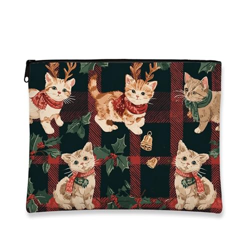 Niedliche Make-up-Tasche mit Katzen-Motiv, Vintage-Kosmetiktasche für Frauen, tragbare kleine Canvas-Reißverschluss-Organizer, Weihnachts-Kulturbeutel, Dunkelgrün, 7x9 Inch von Generic